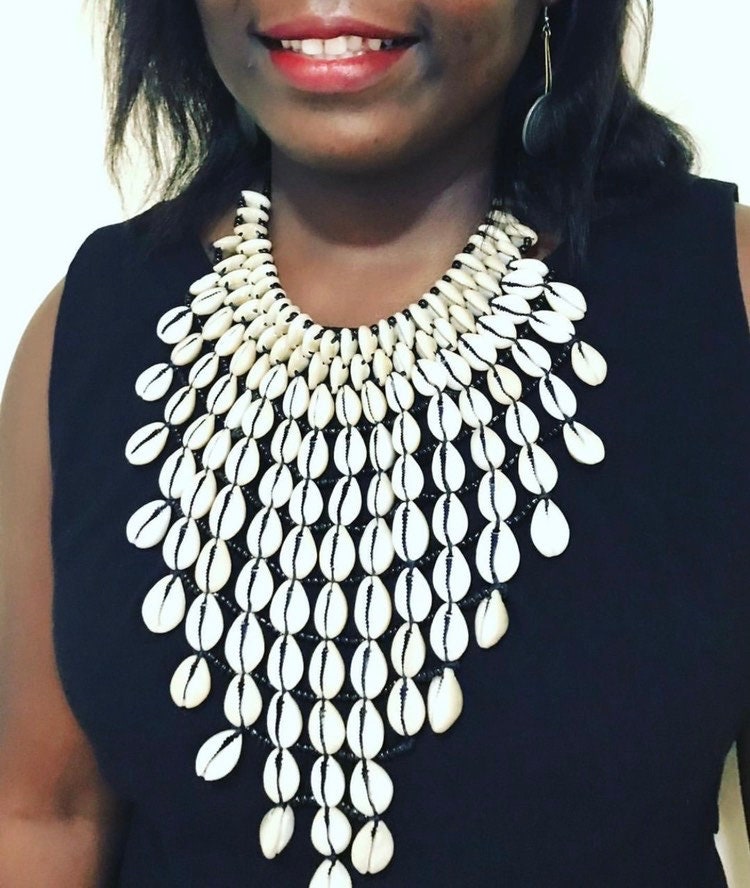 ON SALE cowrie shell necklace, Long shell necklace, African necklace, gift for her, gift for mom, Tribal necklace, necklace, mid long neckl